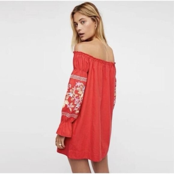 Free People Fleur Du Jour Floral Embroidered Red Off-Shoulder Mini Dress - Picture 3 of 16